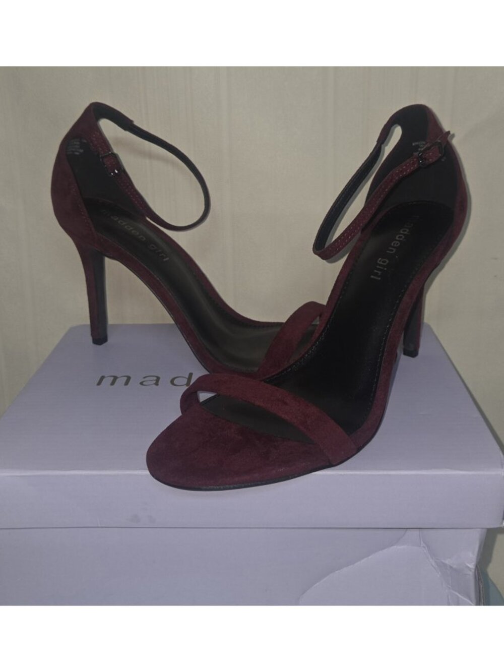 Madden Girl BRAZEN Suede Burgundy Open Toe Stilleto Heels Shoes US Size 10 M NEW